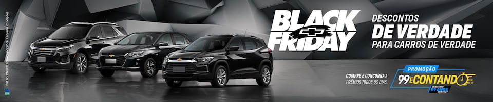 Três SUVs Chevrolet pretos em um showroom com texto promocional da Black Friday oferecendo descontos reais em carros reais.