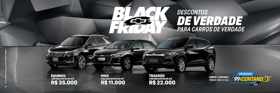 Três carros Chevrolet pretos são apresentados com descontos na Black Friday: Equinox por R$ 35 mil, Onix por R$ 11 mil e Tracker por R$ 22 mil. Texto em destaque destaca ofertas promocionais.