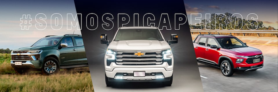 Picapes Chevrolet, sendo Montana, S10 e Silverado, representando o #somospicapeiros