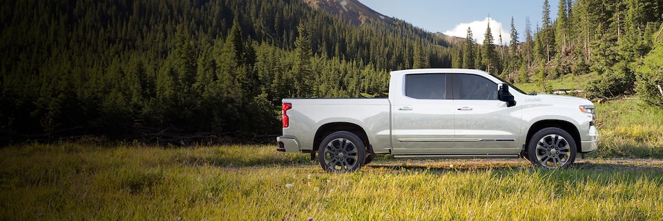 Imagem lateral da nova picape Chevrolet Silverado, branco summit, em meio a um campo com montanhas ao fundo.